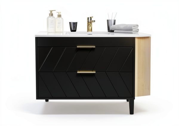 24 Inch Bathroom Vanity with Sink, Modern Floating Vanity with Resin Sink, 2 Large Storage Darwers, Wood Grain Texture Wall Mounted Bathroom Vanities, Gold Handles-3