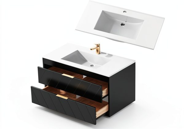 24 Inch Bathroom Vanity with Sink, Modern Floating Vanity with Resin Sink, 2 Large Storage Darwers, Wood Grain Texture Wall Mounted Bathroom Vanities, Gold Handles-1