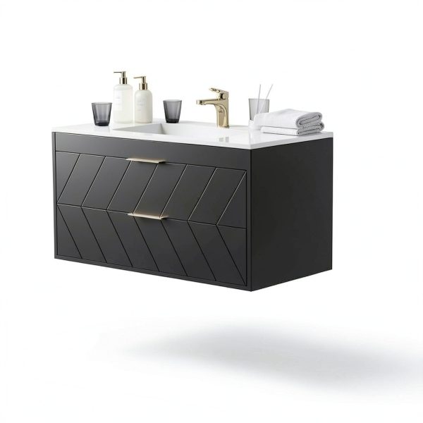 24 Inch Bathroom Vanity with Sink, Modern Floating Vanity with Resin Sink, 2 Large Storage Darwers, Wood Grain Texture Wall Mounted Bathroom Vanities, Gold Handles-2