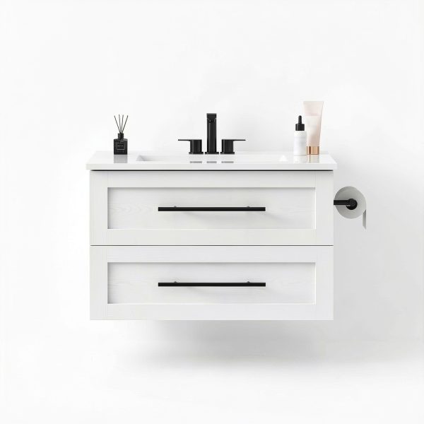 Bathroom Vanity IRONCK 30" Mounted Ceramic Sink Tip-Out Drawer White-8