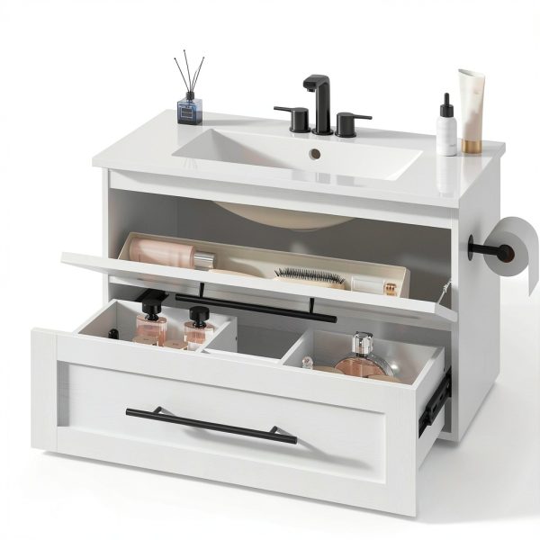 Bathroom Vanity IRONCK 30" Mounted Ceramic Sink Tip-Out Drawer White-2