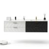 24 Inch Bathroom Vanity with Sink, Modern Floating Vanity with Resin Sink, 2 Large Storage Darwers, Wood Grain Texture Wall Mounted Bathroom Vanities, Gold Handles-5