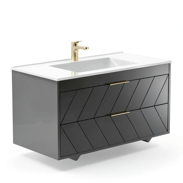 24 Inch Bathroom Vanity with Sink, Modern Floating Vanity with Resin Sink, 2 Large Storage Darwers, Wood Grain Texture Wall Mounted Bathroom Vanities, Gold Handles-4