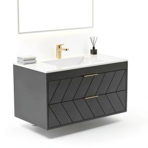 24 Inch Bathroom Vanity with Sink, Modern Floating Vanity with Resin Sink, 2 Large Storage Darwers, Wood Grain Texture Wall Mounted Bathroom Vanities, Gold Handles-0