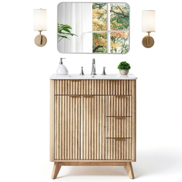 Bathroom Vanity T4TREAM 30" Fluted Cabinet with Ceramic Sink Oak-7
