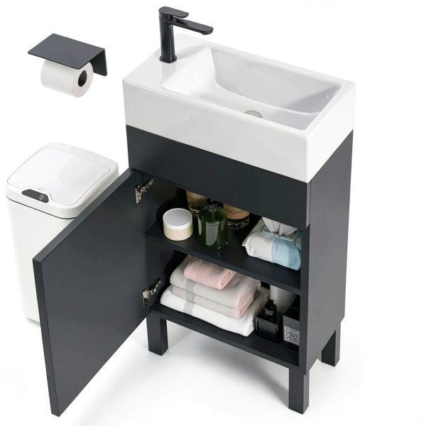 Bathroom Vanity YITAHOME 16 Inch Black Freestanding Soft‑Close-2