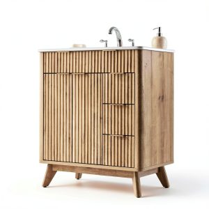 Bathroom Vanity T4TREAM 30" Fluted Cabinet with Ceramic Sink Oak-0
