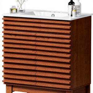 Bathroom Vanity APRILSOUL 30" Walnut Ceramic Sink Mid-Century-0