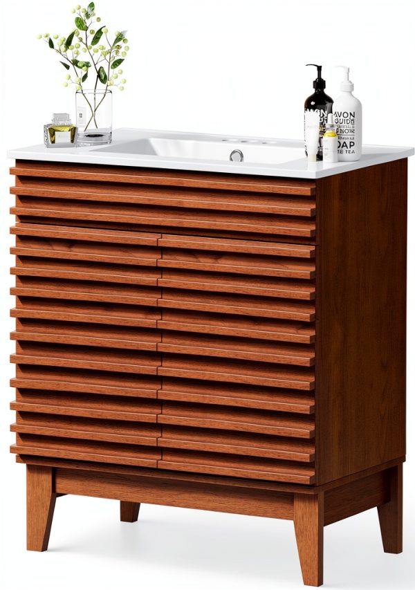 Bathroom Vanity APRILSOUL 30" Walnut Ceramic Sink Mid-Century-0