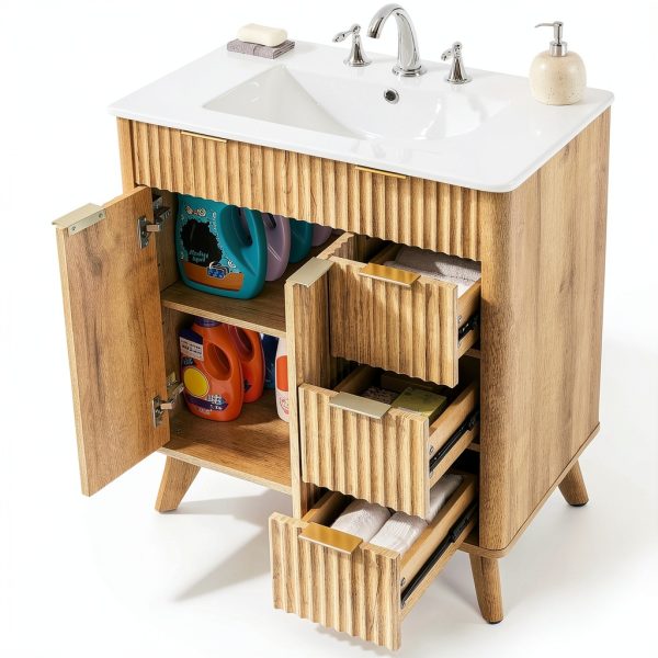 Bathroom Vanity T4TREAM 30" Fluted Cabinet with Ceramic Sink Oak-5