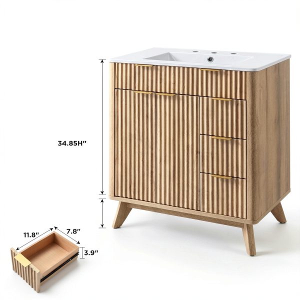 Bathroom Vanity T4TREAM 30" Fluted Cabinet with Ceramic Sink Oak-1